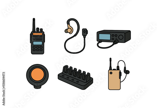 Collection of radio communication equipment: handheld, headset, and accessories
