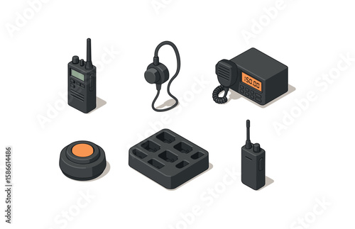 Isometric communication devices set with walkie-talkies and headset