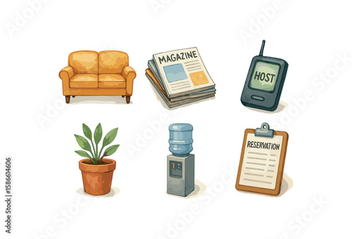 Cozy sofa, magazine stack, mobile device, potted plant, water cooler, reservation clipboard