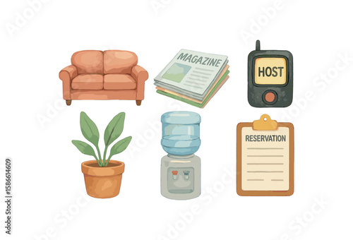 Watercolor set: couch, magazines, pager, plant, water cooler, reservation