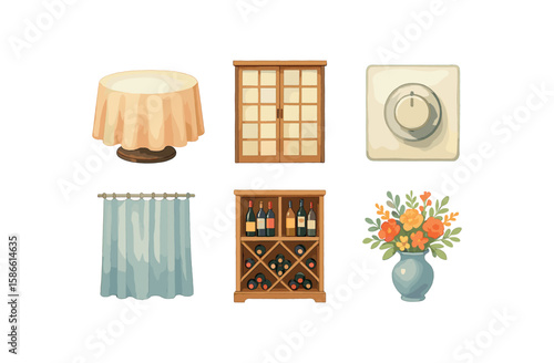 Household items illustration of table, door, knob, curtain, wine rack, vase with flowers
