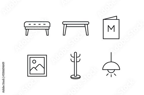 Minimalist furniture and decor: bench, table, menu, picture, coat stand, lamp