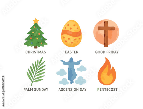 Illustrated symbols of christian holidays: christmas, easter, good friday, palm sunday, ascension day, pentecost