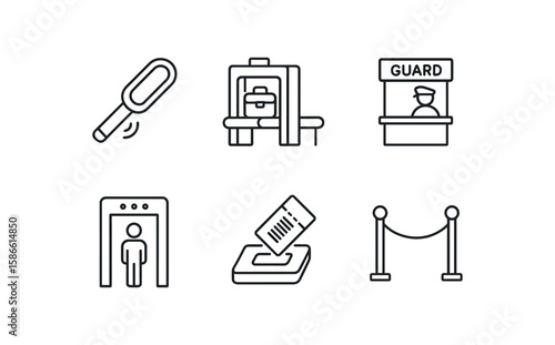 Airport security icons: screening, baggage, guard, metal detector, checkpoint