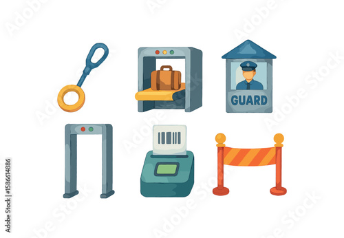Airport security icons set with metal detector, scanner, and guard booth