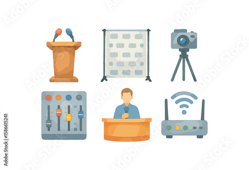 Media equipment and press conference setup with male reporter illustration