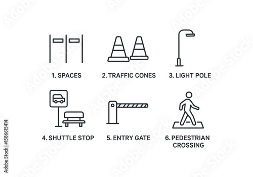 Urban infrastructure icons: spaces, traffic cones, light pole, shuttle stop, entry gate, pedestrian crossing