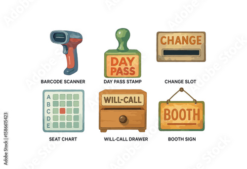 Ticketing icons: barcode scanner, day pass stamp, change slot, seat chart, will-call drawer, booth sign