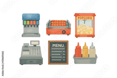 Watercolor snack bar icons: soda dispenser, hot dogs, popcorn, menu, cash register, condiments