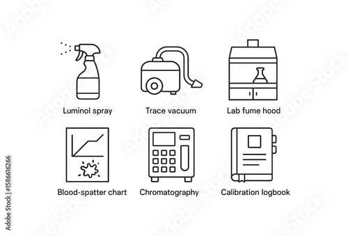Forensic lab equipment icons: luminol spray, trace vacuum, lab fume hood, blood-spatter chart, chromatography, calibration logbook