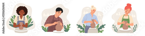 Set of diverse young people of various nationalities, ethnicities creating pottery on wheels. Ideal for promoting hobby, art class, workshop and creative communities. Modern flat vector illustration.