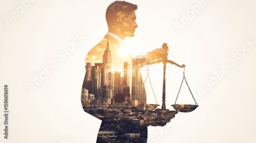 Silhouette of a businessman holding scales of justice, superimposed over a cityscape at sunset.