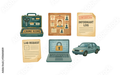 Crime scene investigation set with evidence, laptop, car, and informant log
