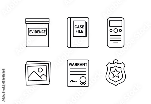 Evidence bag, case file, warrant, police badge, and photo icons