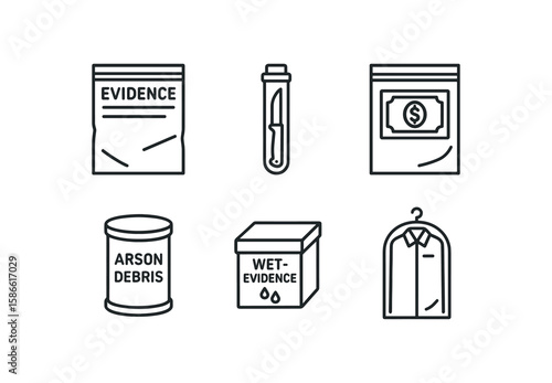 Crime investigation icons set: evidence bags, knife, money, arson debris, wet-evidence, garment bag