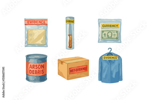 Illustrated evidence collection items - knife, currency, arson debris, wet evidence, clothing