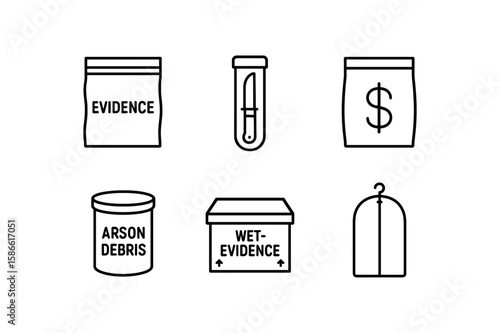 Crime scene icons collection: evidence bags, test tube, arson debris, wet evidence