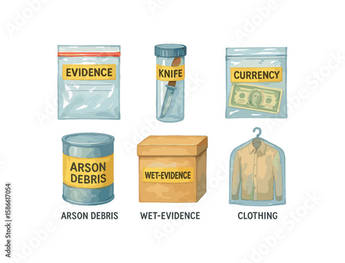 Evidence bags and containers collection for crime scene investigation