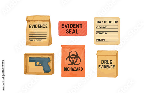 Evidence bags with biohazard and firearm icons for crime scene investigation