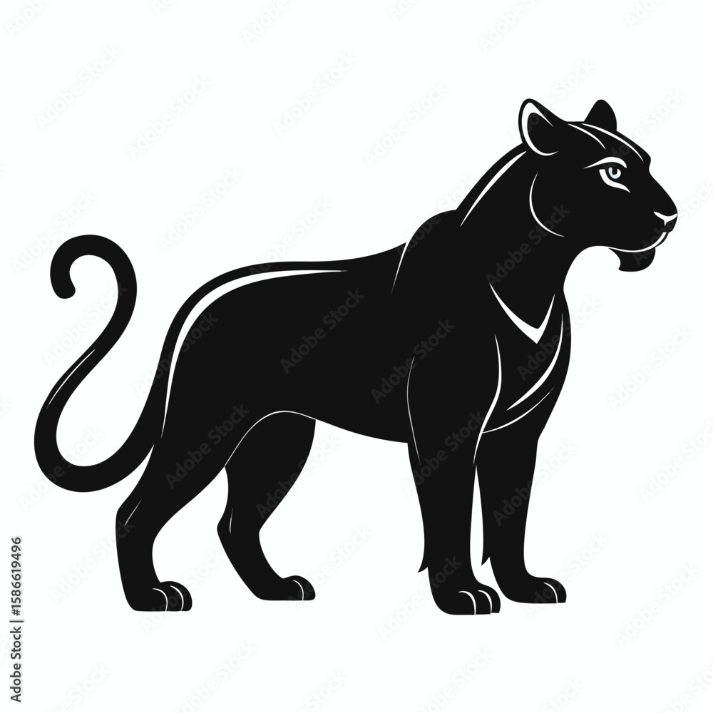Obraz premium a panther in side profile with sleek body, alert stance, and curved tail, minimalist vector illustration isolated on white background, ideal for wild animal graphics, predator-themed artwork, and stro