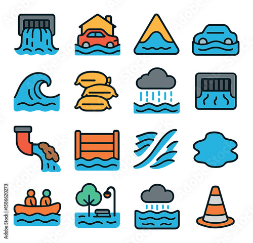 Flood disaster icon collection. simple flat icons: wave, sandbags, cloud, drain, water.