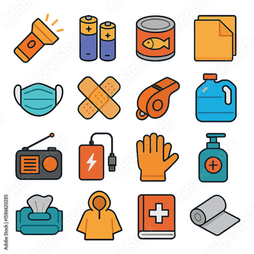 Emergency aid icon collection. simple relief, crisis, first aid, flashlight, batteries, food, mask, bandages, whistle, water, radio, power bank, gloves, sanitizer