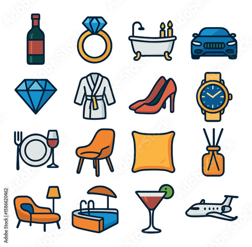 Luxury living icon collection: simple linear style home, car, diamond, bath, wine, travel