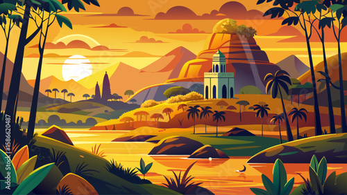 Yala National Park, Southern Province, Sri Lanka –  Early sunlight casts golden hues across the land, creating a rich and balanced scene for vector storytelling.