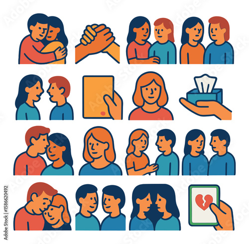 Comforting gesture icon collection. simple compassion, support, care, hug, tissue, talk