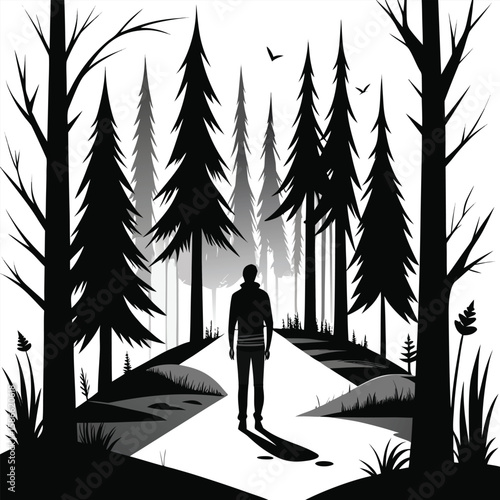 a person walking along a forest path with trees in the background, minimalist scene on white background, symbolizing solitude, self-discovery, and inner peace