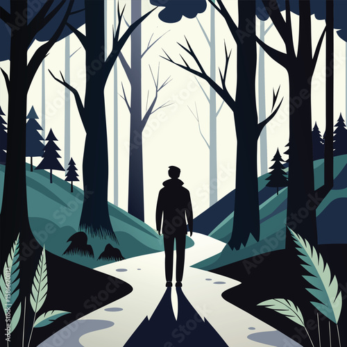 a person walking along a forest path with trees in the background, minimalist scene on white background, symbolizing solitude, self-discovery, and inner peace