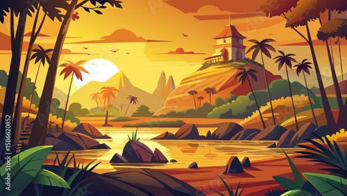 Yala National Park, Southern Province, Sri Lanka –  Early sunlight casts golden hues across the land, creating a rich and balanced scene for vector storytelling.