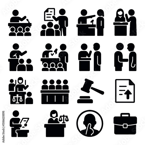 Courtroom icon collection: simple silhouette legal icons - judge, lawyer, jury, gavel