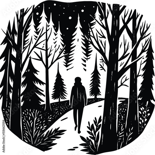 a person walking along a forest path with trees in the background, minimalist scene on white background, symbolizing solitude, self-discovery, and inner peace