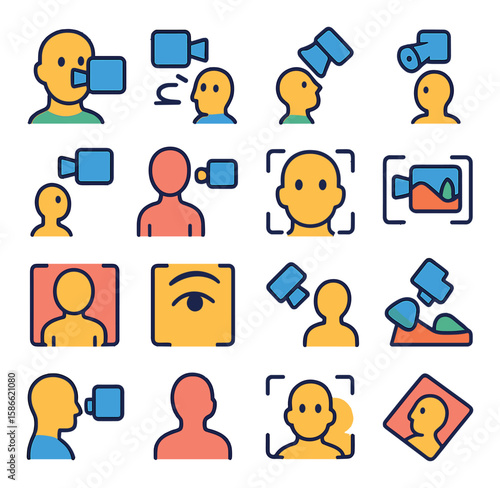 Camera angle icon collection: simple compose icons. flat front, profile, pov, person view, capture