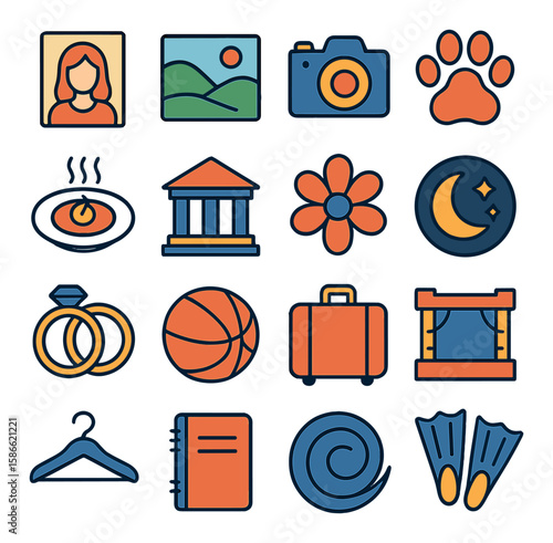 Photo genre icon collection. simple flat icons of camera, moon, flower, travel, art, book