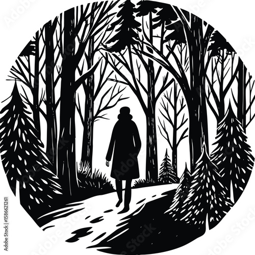 a person walking along a forest path with trees in the background, minimalist scene on white background, symbolizing solitude, self-discovery, and inner peace