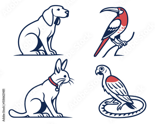 Illustration of a dog, rabbit, toucan, and parrot with red and blue outlines on a white background
