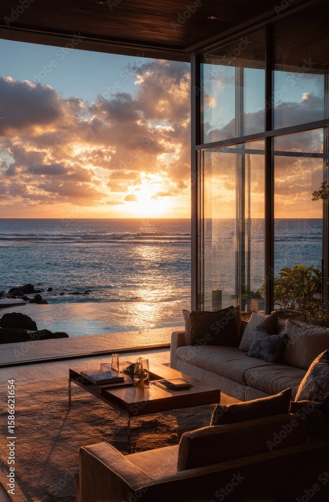Fototapeta premium Sunset view from modern home with ocean vista