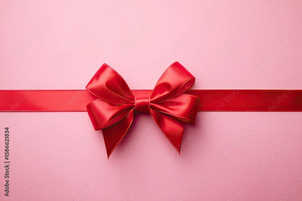 Red ribbon bow on pink background. Gift wrap accessory Red ribbon bow on pink background. Gift wrap accessory