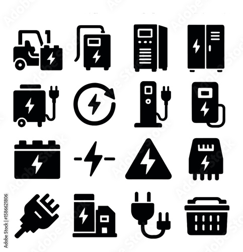 Industrial charging icon collection. simple silhouette icons: forklift, battery, plug, electric