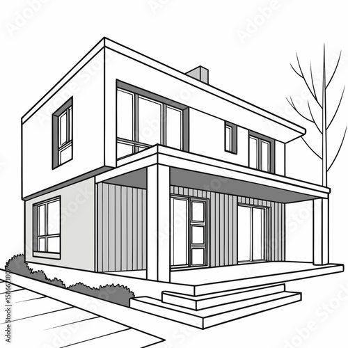Illustration of a modern two story house with a porch and a tree on the right side view in black and white