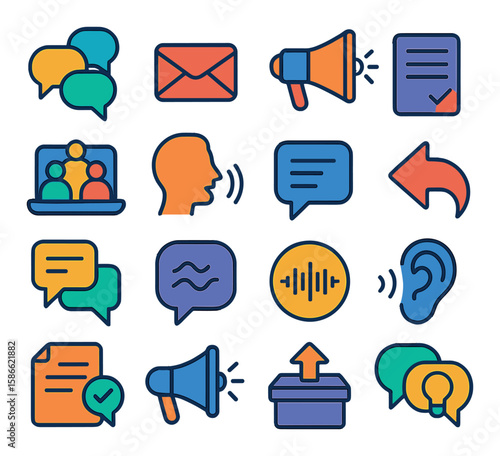 Modern communication icon collection. simple message, chat, email, megaphone, document, arrow, ear, linear