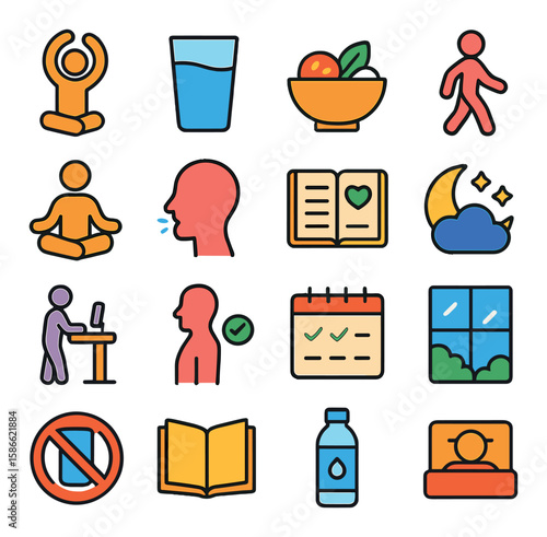 Wellness habits icon collection. simple health routine silhouette icons: meditation, water, walking, sleep, exercise, diet