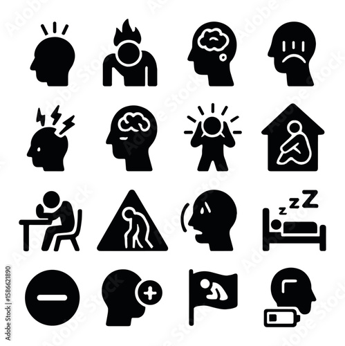 Mental health warning icon collection: simple silhouettes. anxiety, depression, stress, therapy, crisis, isolation