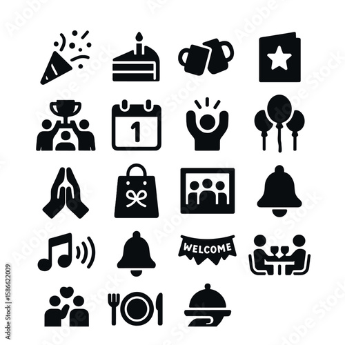 Office celebration icon collection. simple office party, cake, trophy, calendar, balloons