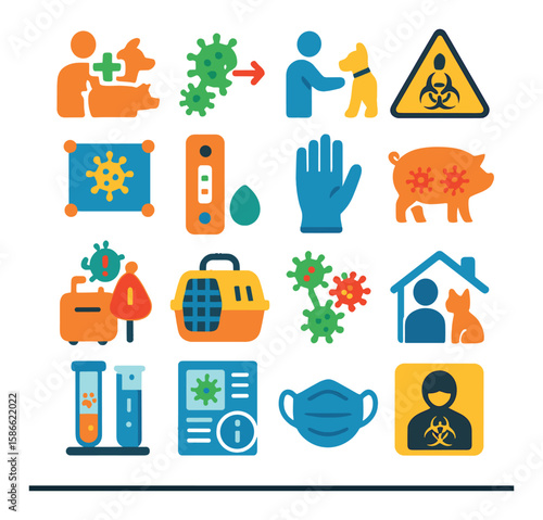 Zoonotic disease icon collection. animal health flat icons. virus, vaccine, pig, cat, biohazard, mask
