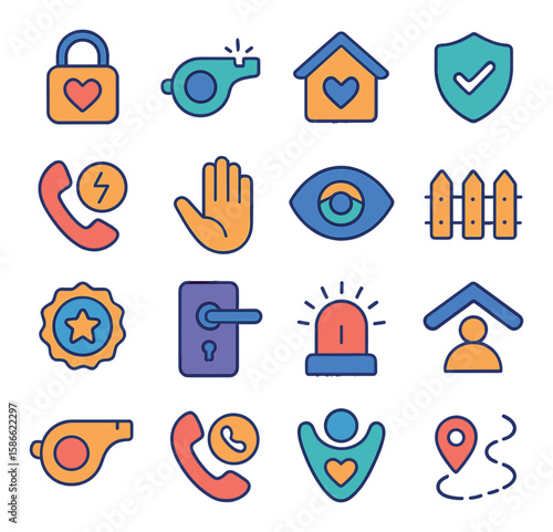 Safety icon collection: simple linear symbols for lock, whistle, phone, house, eye