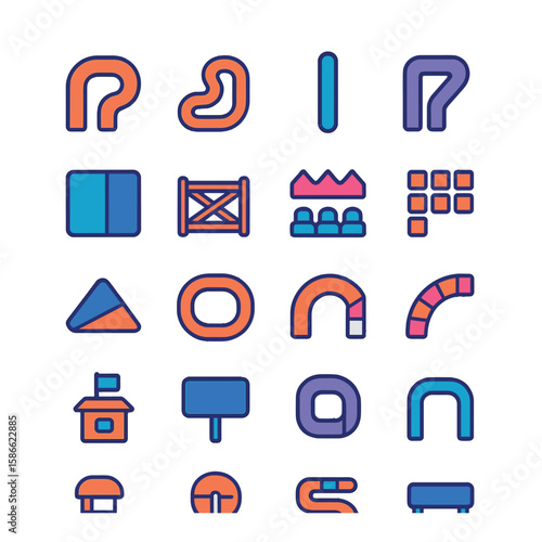 Racing circuit icon collection. track, checkpoint, flag, and road silhouette