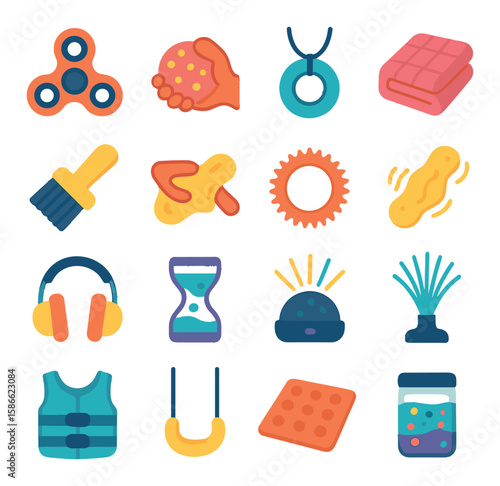 Sensory tools icon collection. flat therapy, focus aids, headphones, brush, chew, hourglass